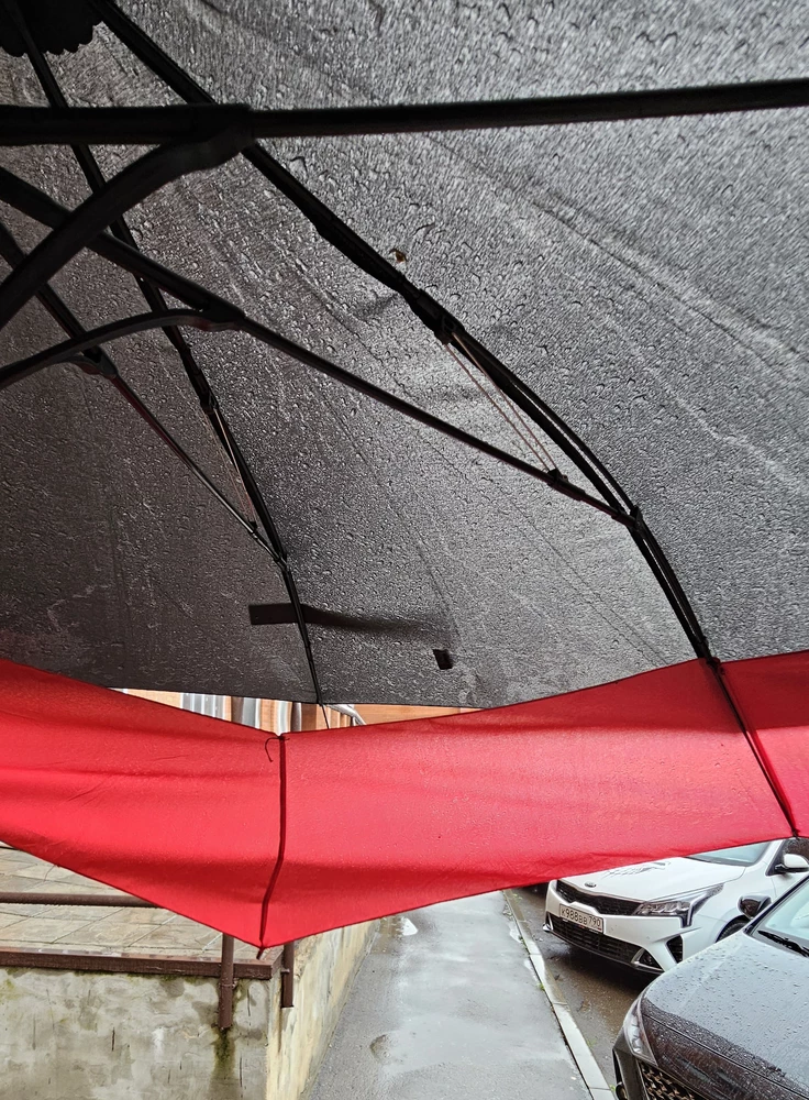 Зонт большой, но ручка не очень удобная. После 2 раз выхода с ним во время дождя оторвалась нижняя часть купола