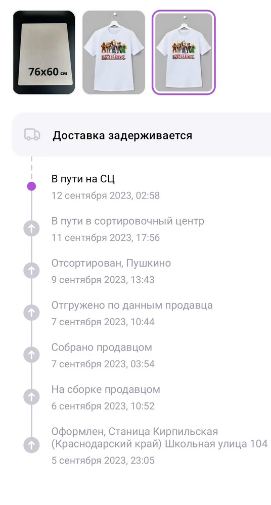 Заказала 05.09. Было написано доставка 09-10.09. Специально заранее заказала 2 разных размеры, чтоб уже наверняка. Футболка была нужна на день рождения. Ни 9-го ни 10-го они не пришли. Сегодня 13.09 пришла смс "заберите товар доставлен в пункт выдачи". Он мне нужен был вчера. Растроили ребенка. Указывайте реальные сроки доставки. Не догадалась пойти в фотоателье и напечатать этот рисунок на их футболке. Создается впечатление, что у продавца нет этих маек в наличии, и при заказе они сначала печатают, а потом отправляют.