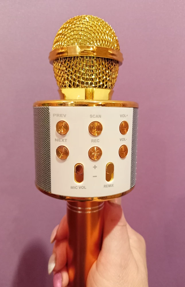 Микрофон выглядит дорого,цвет бомбический - создаёт настроение праздника 🔥 зарядили, всё работает 👍 ребёнок доволен.