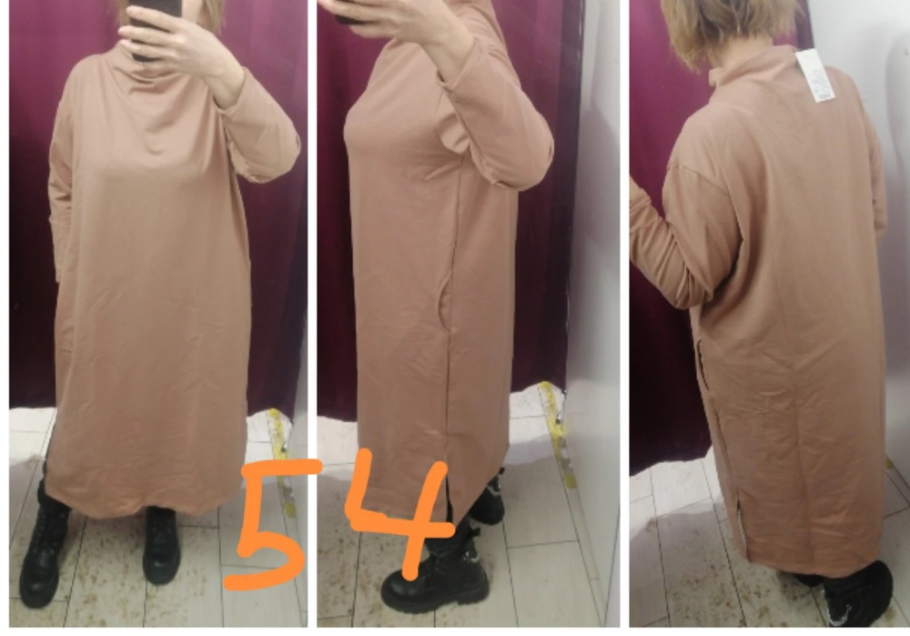 Интересное платье, хороший пошив. 
Ткань средней толщины трикотаж, мягкая, приятная телу. 
У платья цвета графит ткань, по моим ощущениям, чуть плотнее. 
Проблем с воротом не возникло,всё нормально. 
Размер соответствует, я брала 54,хотелось чуть свободнее.
Цвет не мой. 
Мои параметры ог100, от90, об110, рост 160, размер 48-52.