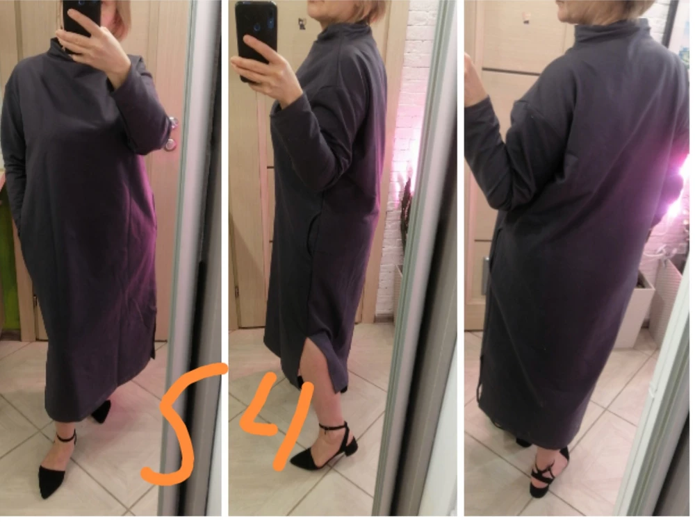 Платье интересное, хороший пошив.
Ткань средней толщины трикотаж. Мягкая, приятная телу. У платья светло коричневого цвета ткань , по моим ощущениям, чуть рыхловата. 
Можно носить с ремнем и без. 
Размер соответствует. 
Я брала 54 размер, хотелось чуть свободнее. В обтяг не рекомендую брать, потеряется вся изюминка платья. 
Мои параметры ог100, от90, об110, рост 160, размер 48-52